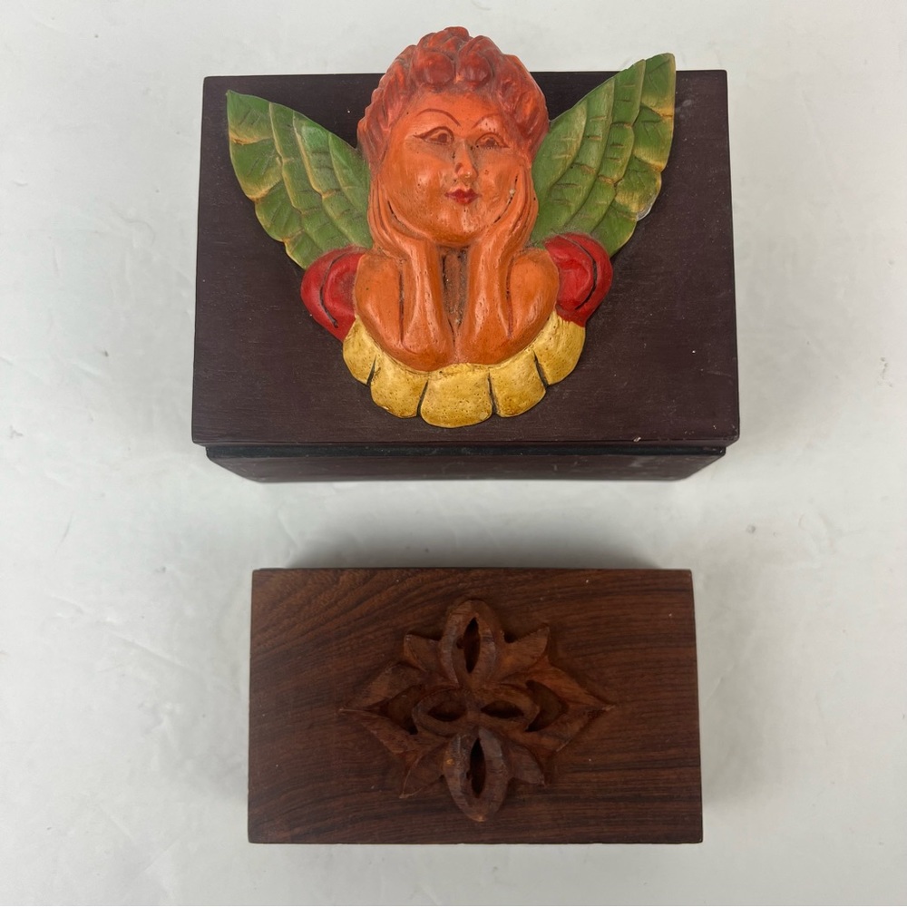 Vintage Folk Art carved wooden boxes-pair
